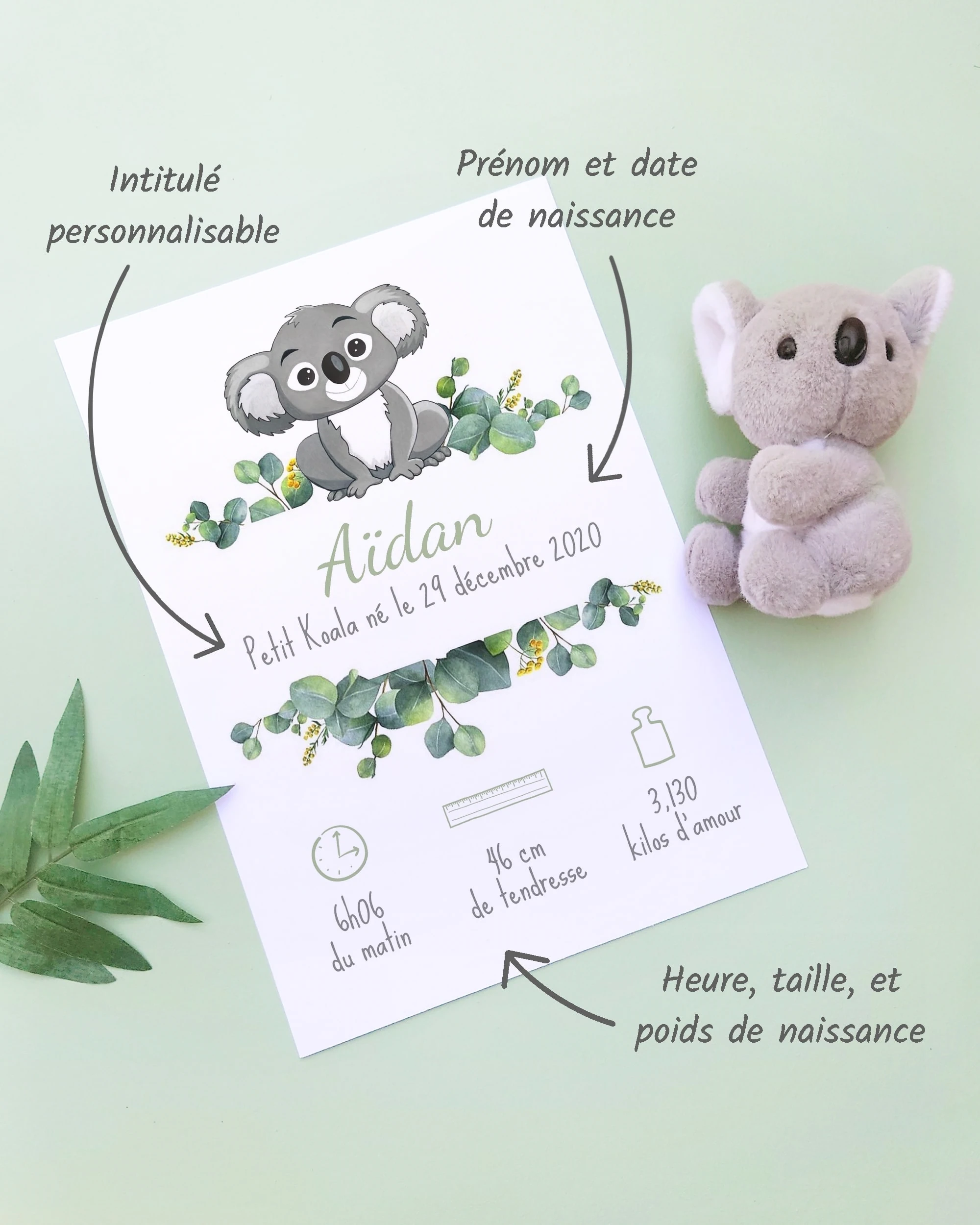 Personnalisation Affiche de naissance Petit koala – Cadeau bébé – Fille et garçon Un cadre de naissance pour bébé à personnaliser avec un koala, un cadeau de naissance parfait