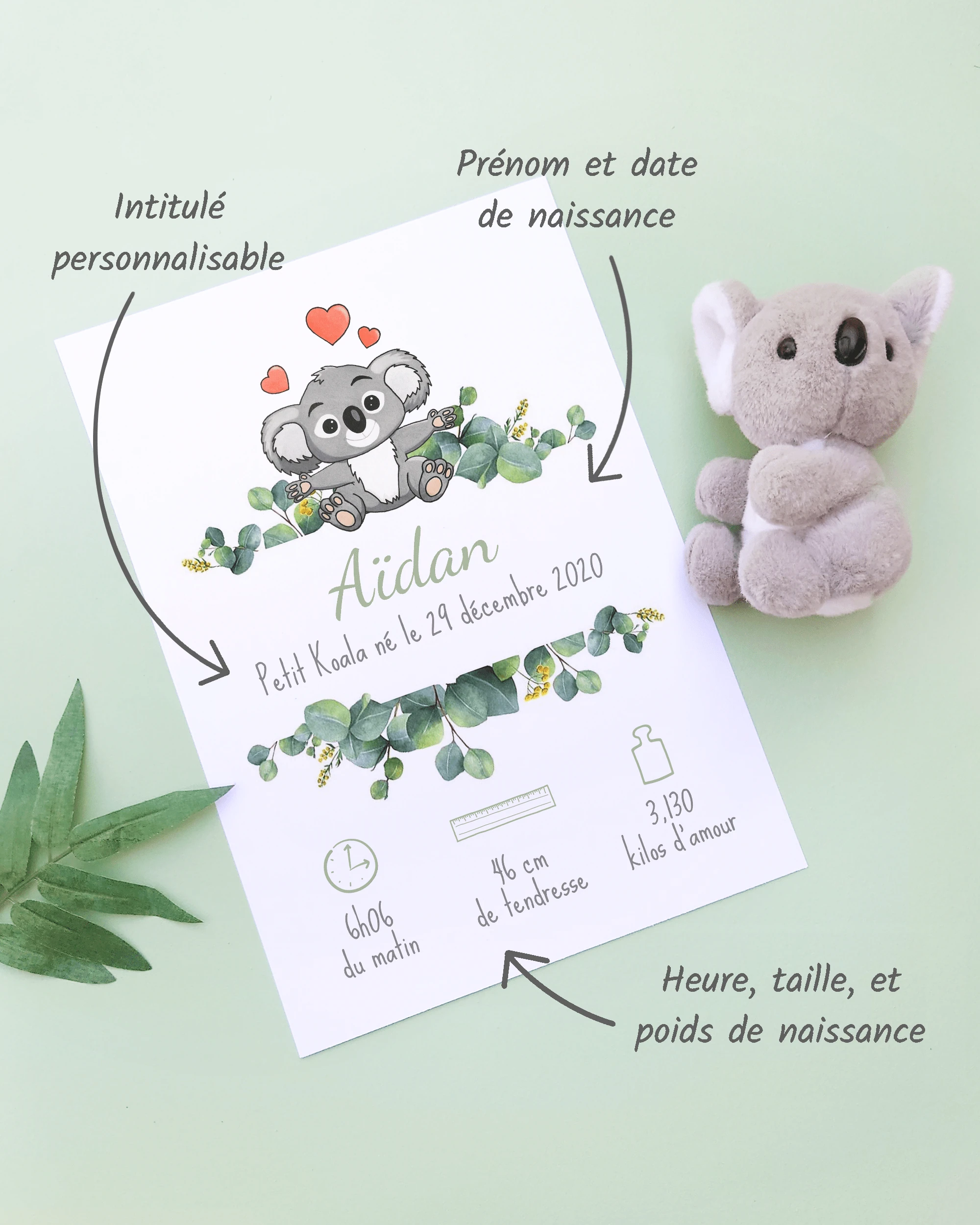 Personnalisation Affiche de naissance Petit koala câlin – Cadeau bébé – Fille et garçon Un cadre de naissance pour bébé à personnaliser avec un koala avec des cœurs