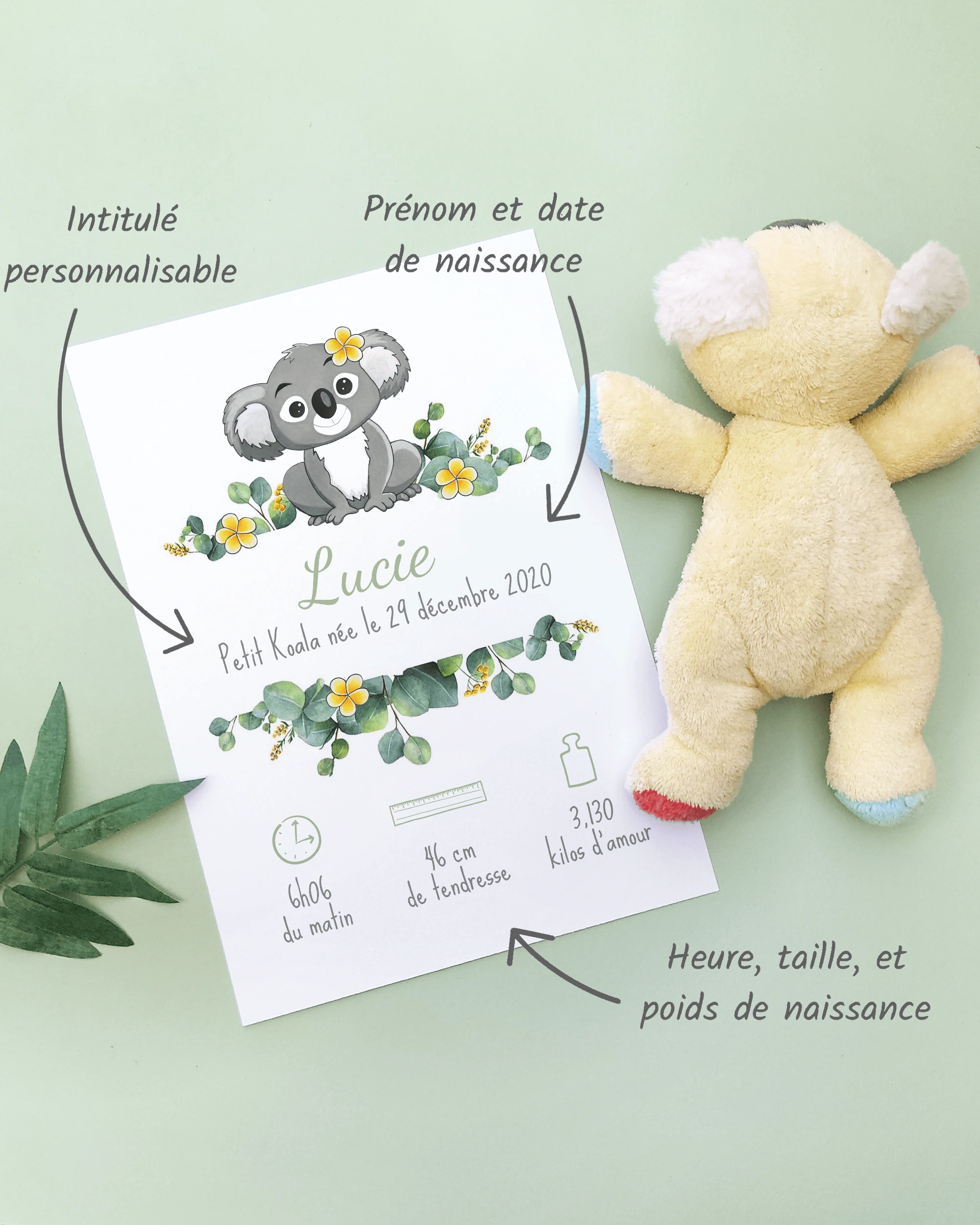Personnalisation Affiche de naissance Petit koala et fleurs jaunes – Cadeau bébé – Fille et garçon Un cadre de naissance pour bébé à personnaliser avec un koala et des fleurs jaunes