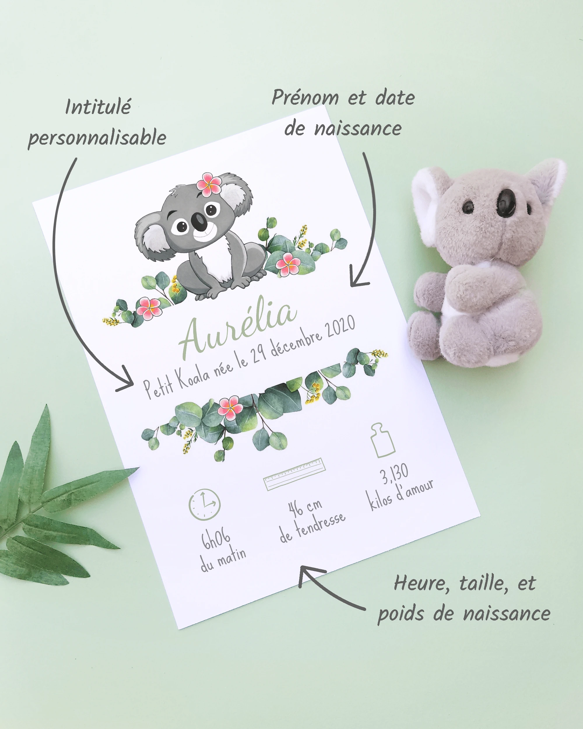 Personnalisation Affiche de naissance Petit koala et fleurs roses – Cadeau bébé – Fille et garçon Un cadre de naissance pour bébé à personnaliser avec un koala et des fleurs roses