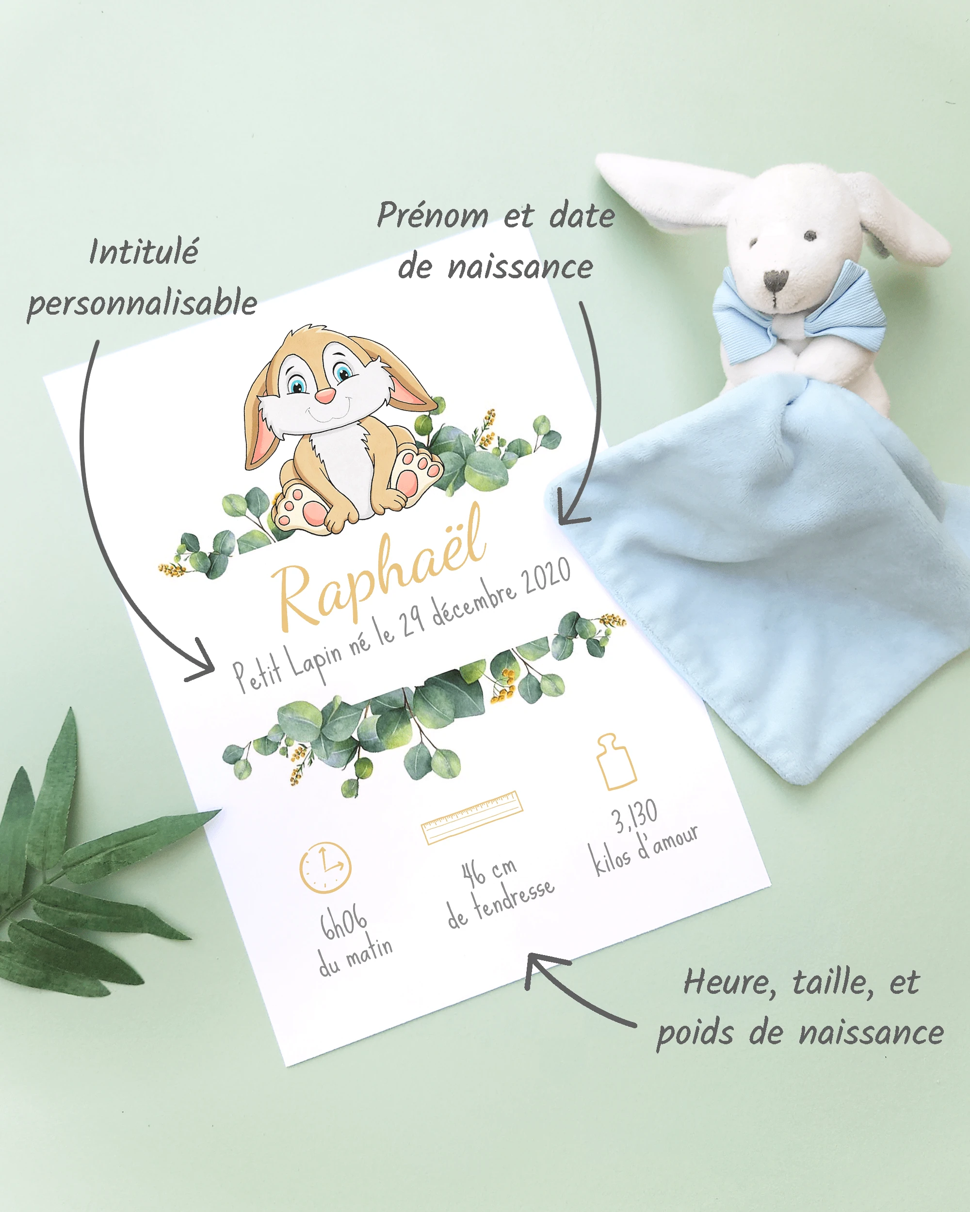 Personnalisation Affiche de naissance Petit lapin – Cadeau bébé – Fille et garçon Un cadre de naissance pour bébé à personnaliser avec un lapin