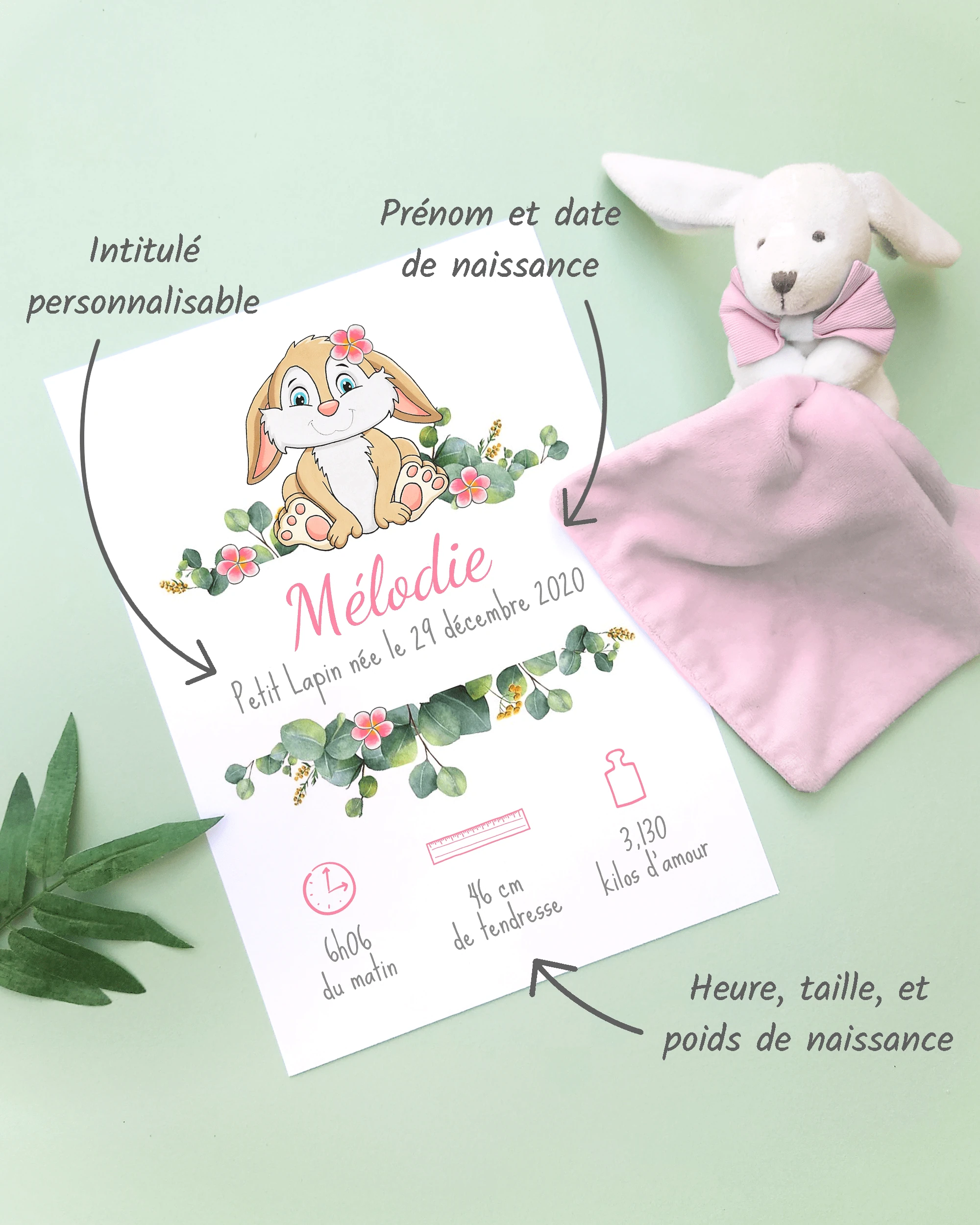 Personnalisation Affiche de naissance Petit lapin et fleurs roses – Cadeau bébé – Fille et garçon Un cadre de naissance pour bébé à personnaliser avec un lapin et des fleurs roses