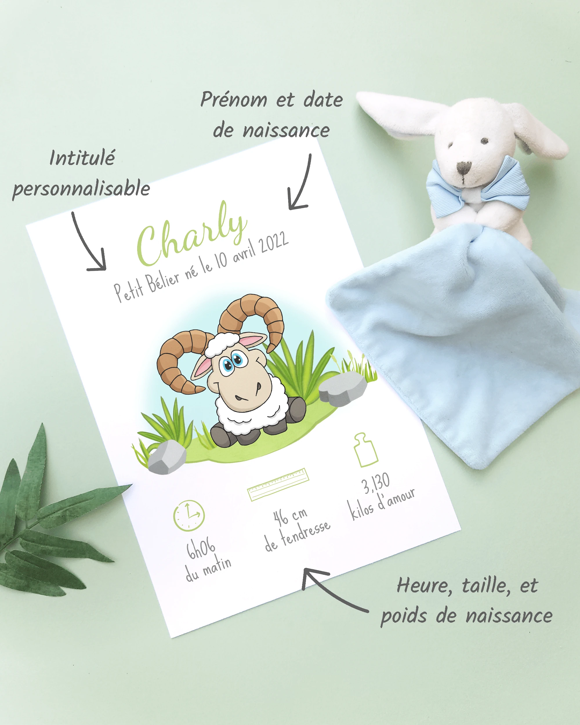 Personnalisation Affiche de naissance Petit bélier – Cadeau bébé – Fille et garçon Un cadre de naissance pour bébé à personnaliser avec un bélier dans la prairie