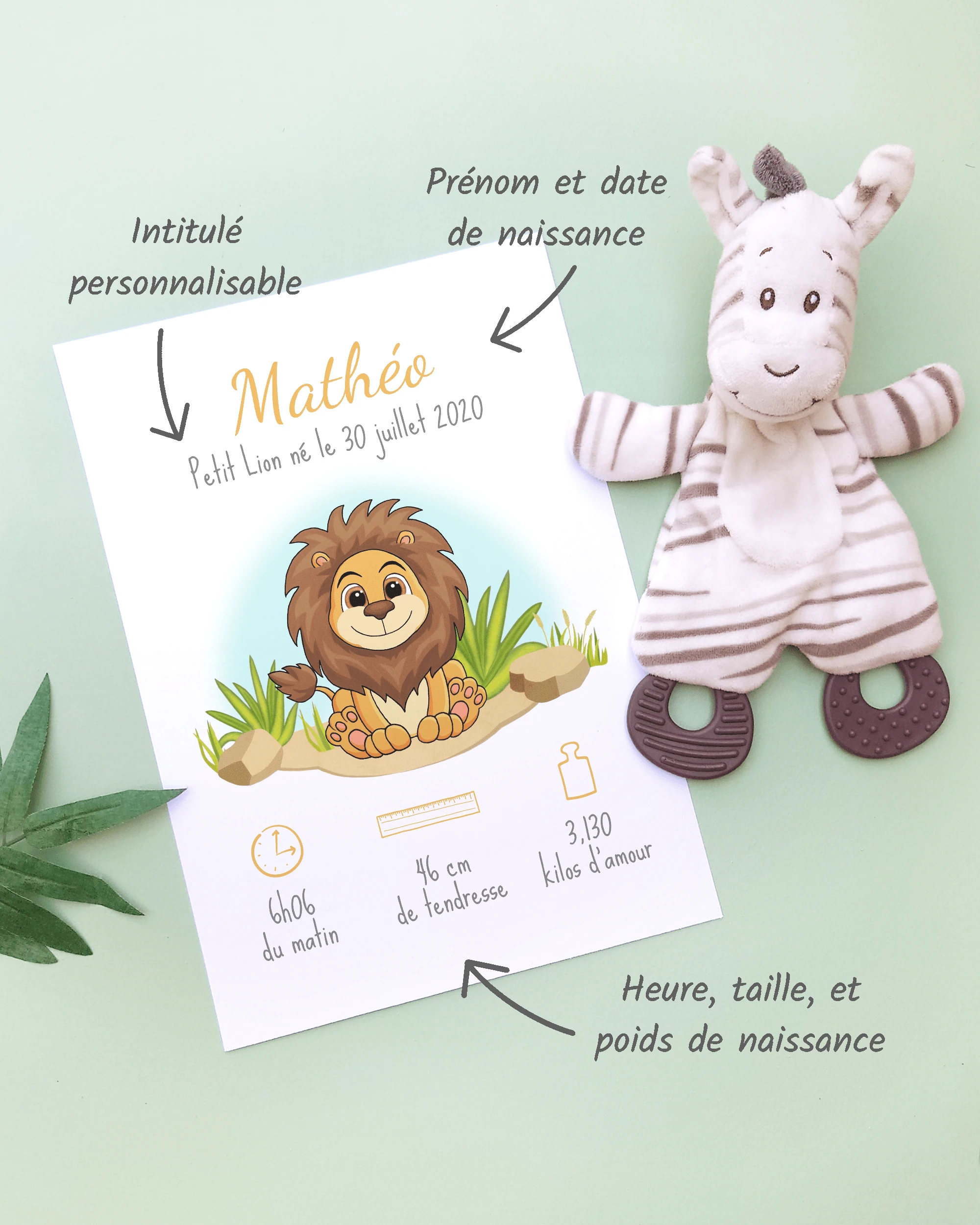 Personnalisation Affiche de naissance Petit lion – Cadeau bébé – Fille et garçon Un cadre de naissance pour bébé à personnaliser avec un lion dans la savane