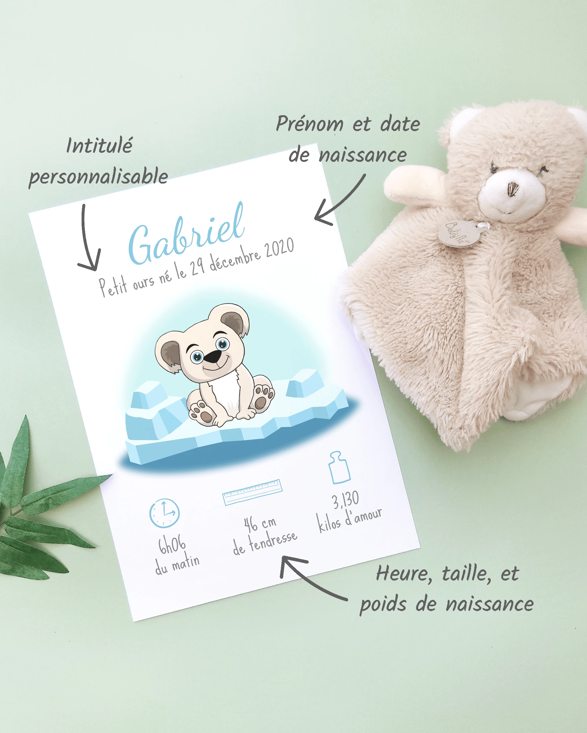 Personnalisation Affiche de naissance Petit ours polaire – Cadeau bébé – Fille et garçon Un cadre de naissance pour bébé à personnaliser avec un ours polaire sur la banquise