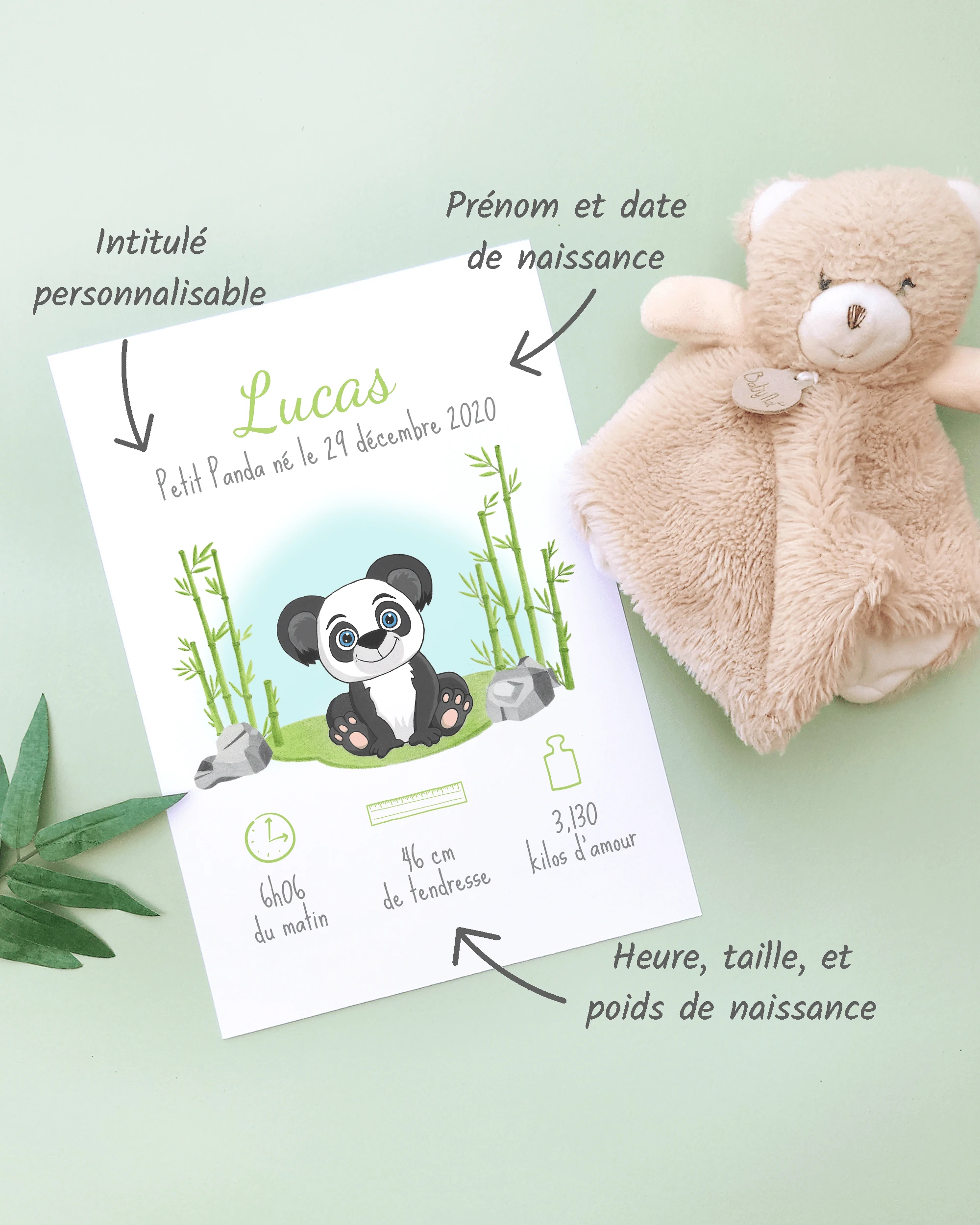 Personnalisation Affiche de naissance Petit panda – Cadeau bébé – Fille et garçon Un cadre de naissance pour bébé à personnaliser avec un panda