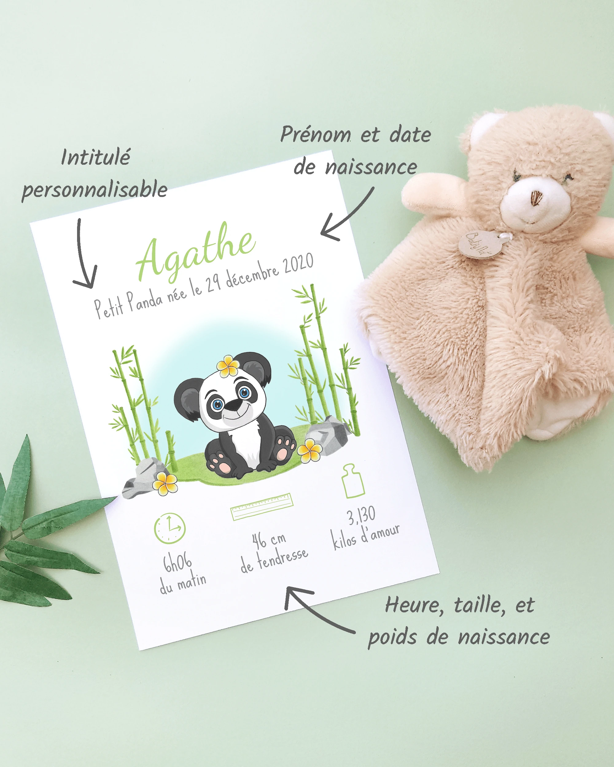 Personnalisation Affiche de naissance Petit panda et fleurs jaunes – Cadeau bébé – Fille et garçon Un cadre de naissance pour bébé à personnaliser avec un panda et des fleurs jaunes