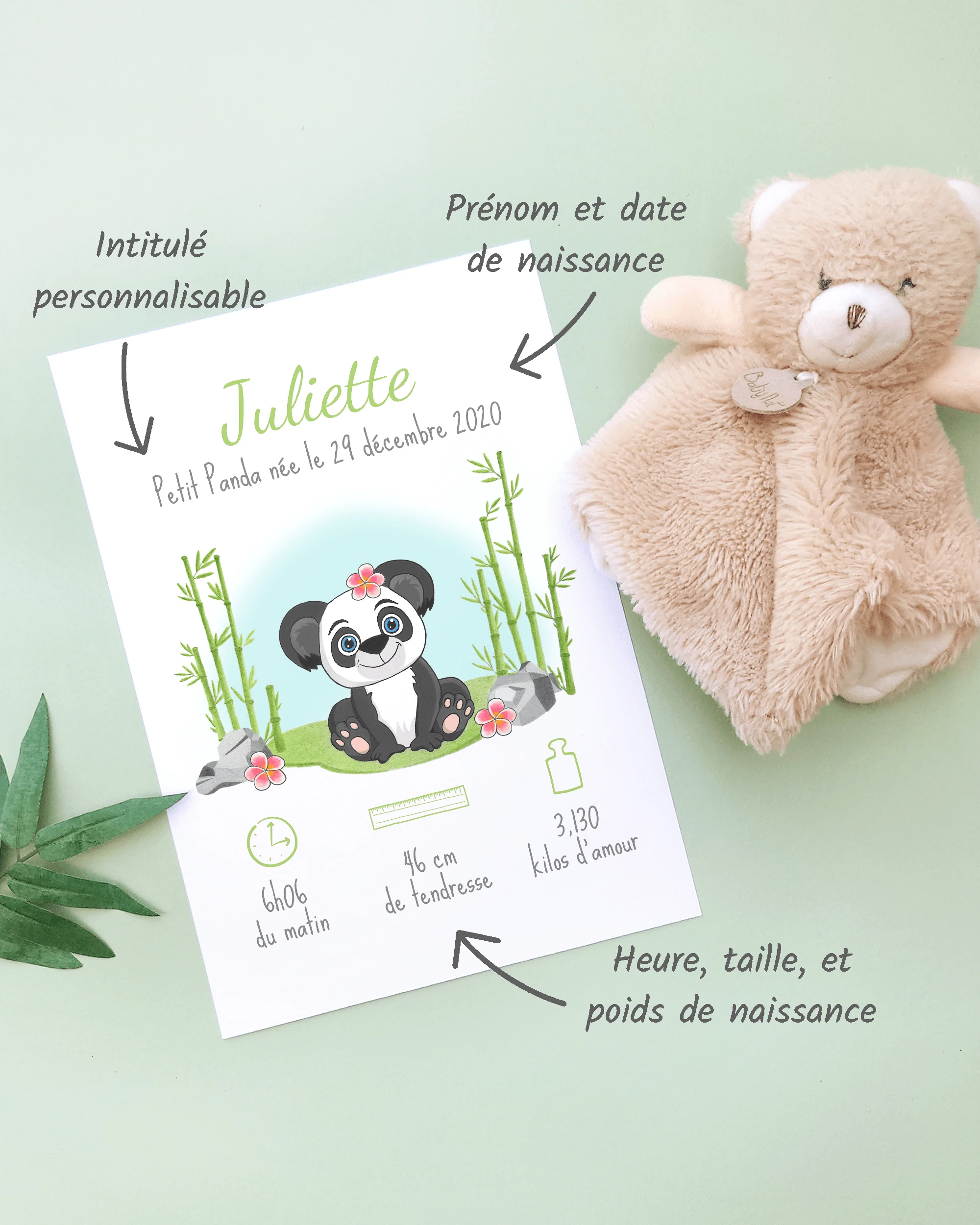 Personnalisation Affiche de naissance Petit panda et fleurs roses – Cadeau bébé – Fille et garçon Un cadre de naissance pour bébé à personnaliser avec un panda et des fleurs roses