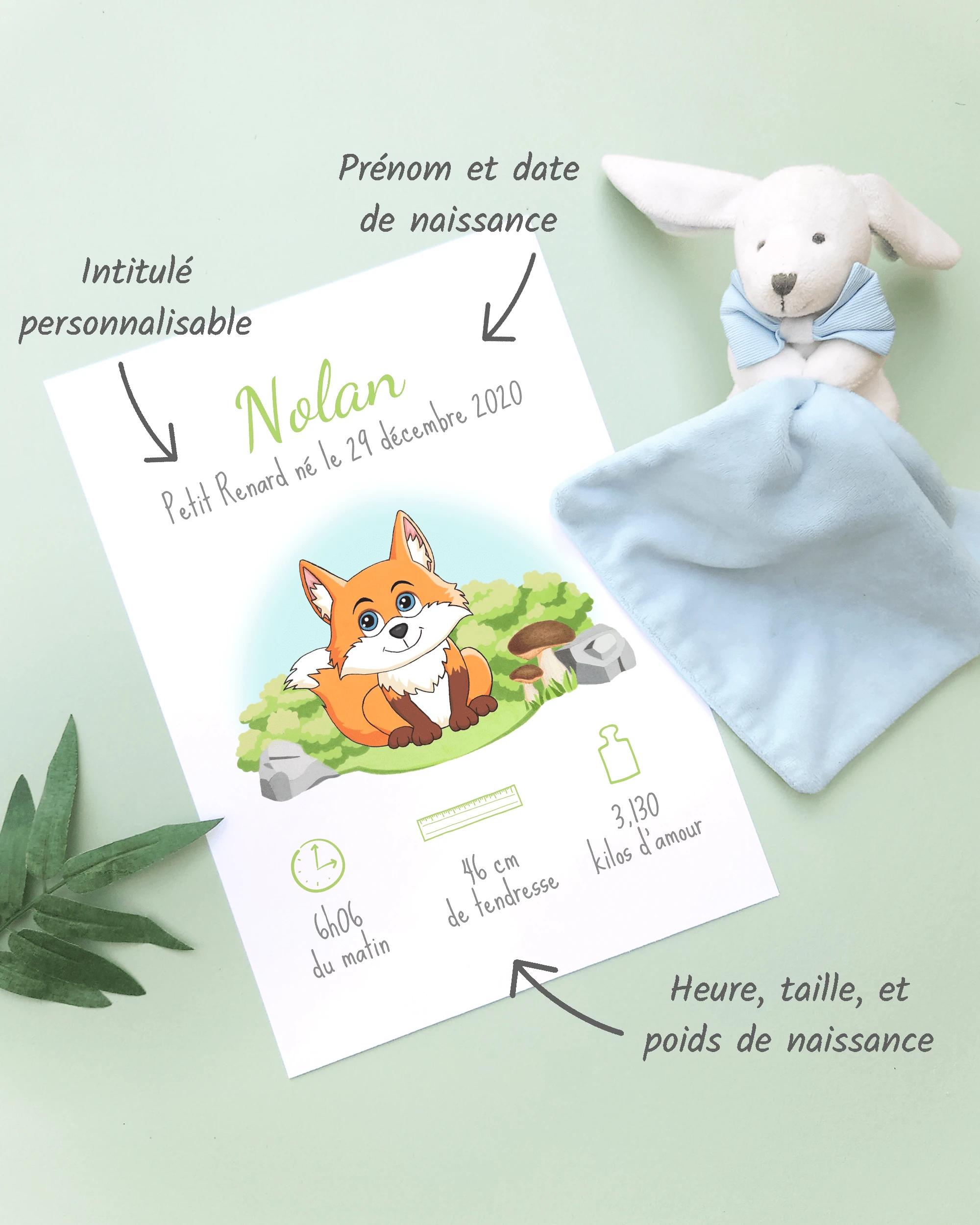 Personnalisation Affiche de naissance Petit renard – Cadeau bébé – Fille et garçon Un cadre de naissance pour bébé à personnaliser avec un renard