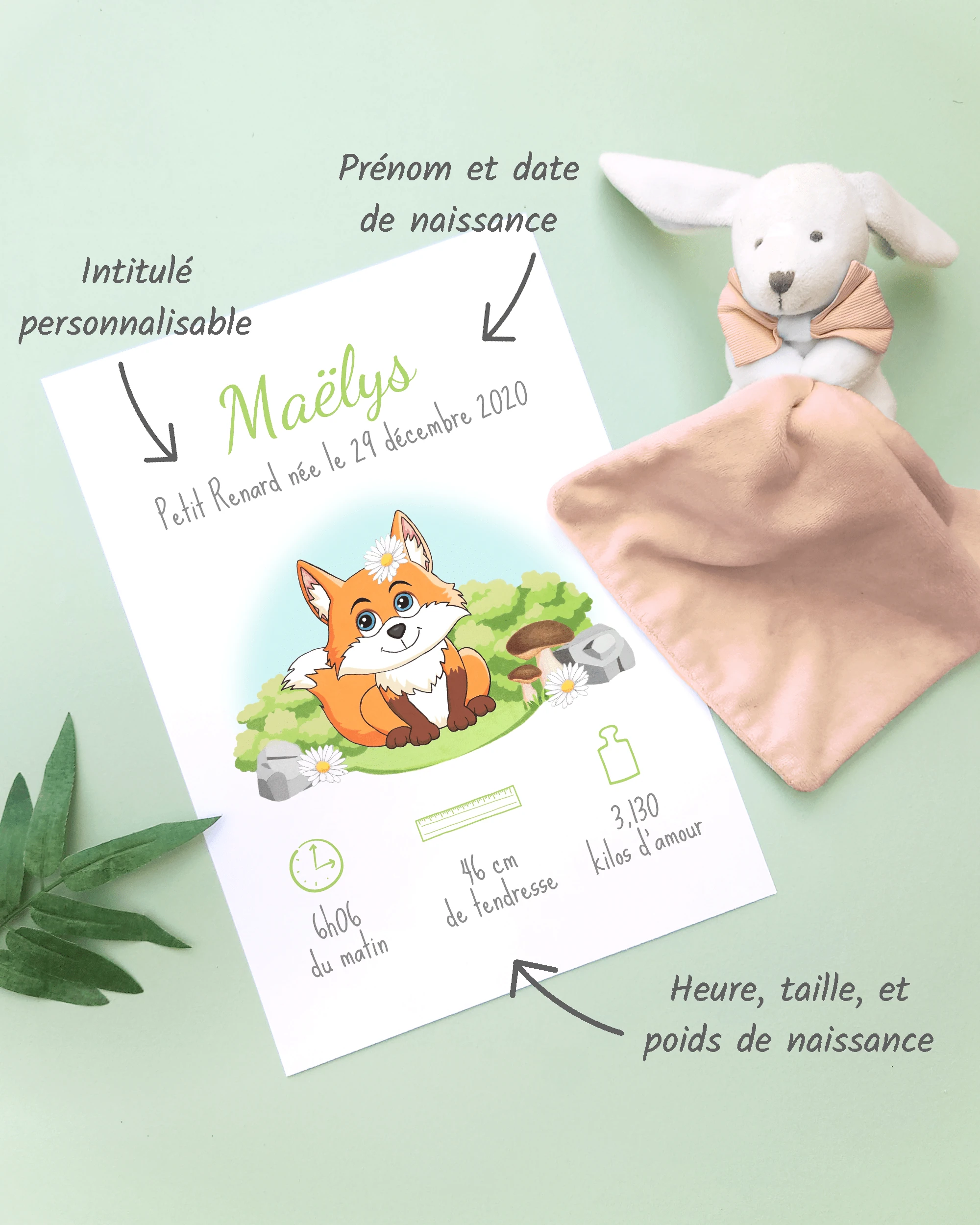 Personnalisation Affiche de naissance Petit renard et marguerites – Cadeau bébé – Fille et garçon Un cadre de naissance pour bébé à personnaliser avec un renard et des marguerites