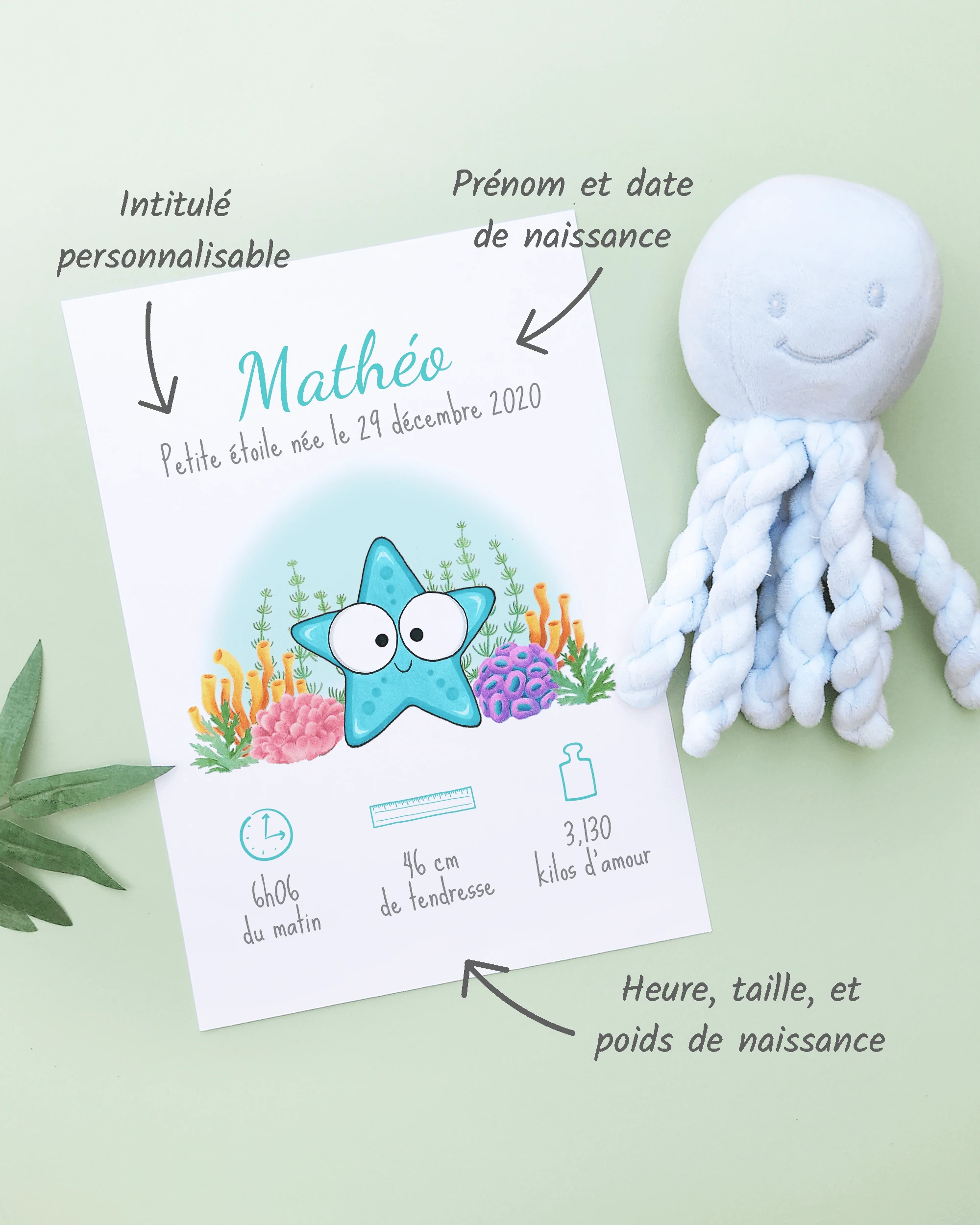 Personnalisation Affiche de naissance Petite étoile de mer bleue – Cadeau bébé – Fille et garçon Un cadre de naissance pour bébé à personnaliser avec une étoile de mer bleue dans les coraux