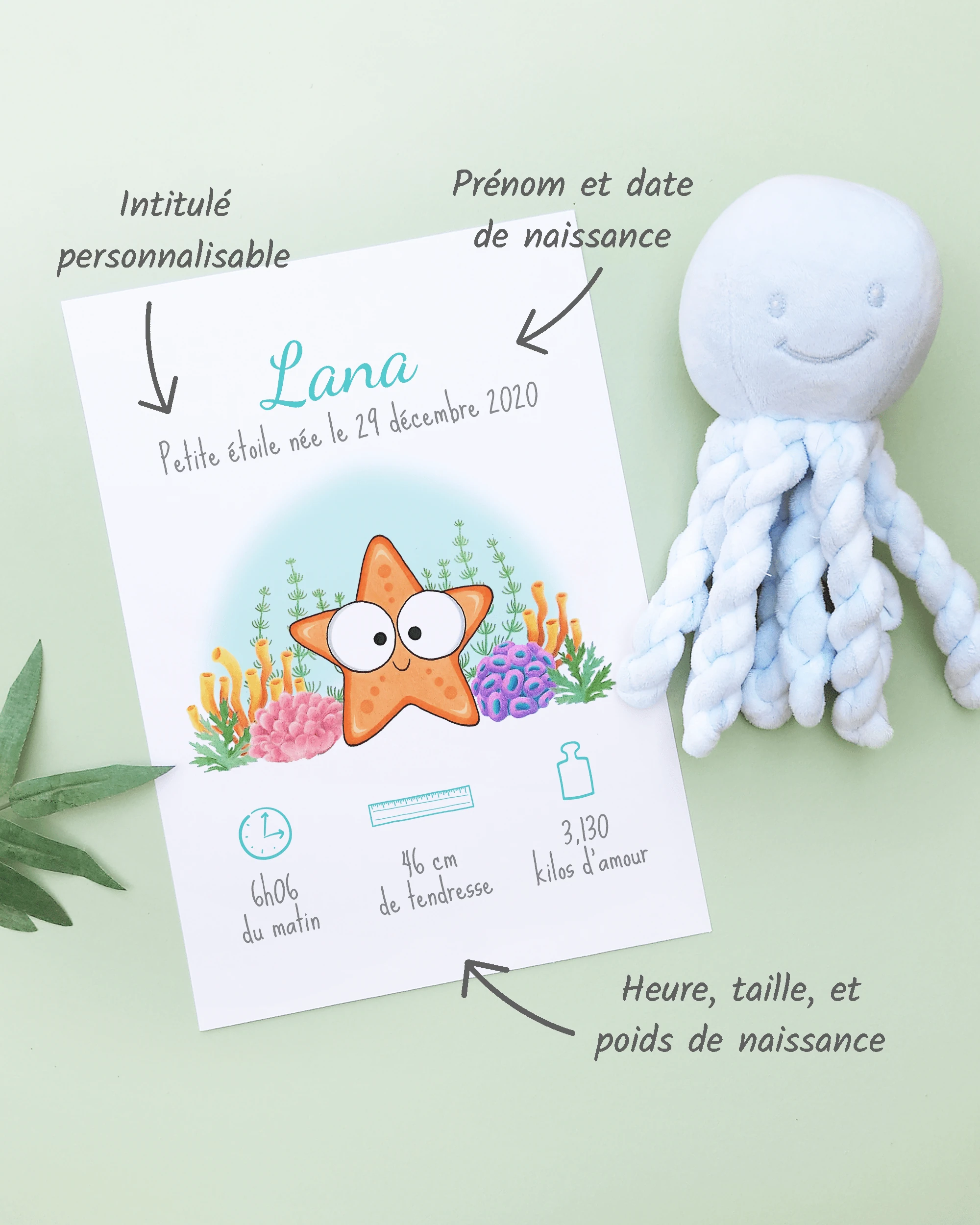 Personnalisation Affiche de naissance Petite étoile de mer orange – Cadeau bébé – Fille et garçon Un cadre de naissance pour bébé à personnaliser avec une étoile de mer orange dans les coraux