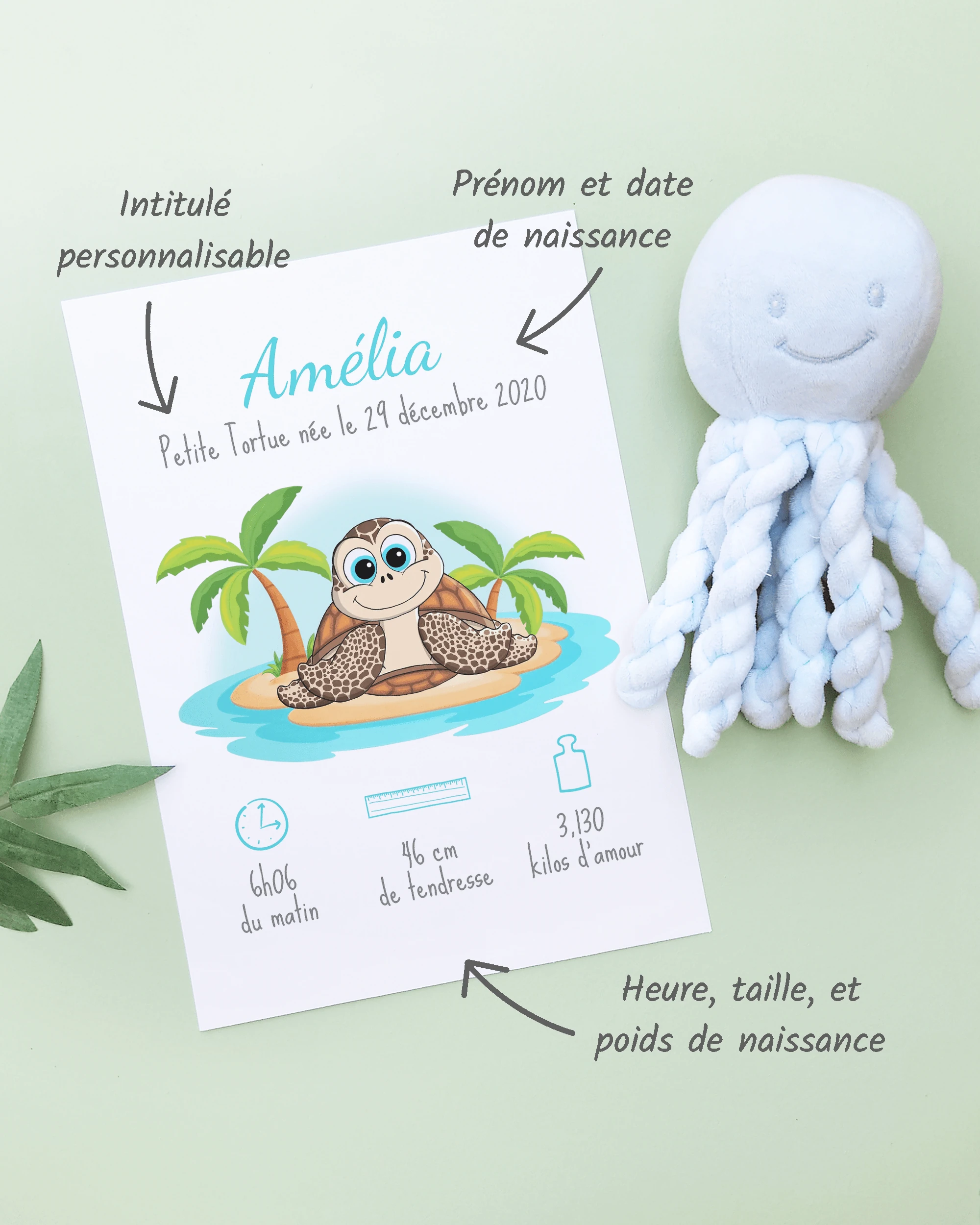 Personnalisation Affiche de naissance Petite tortue de mer – Cadeau bébé – Fille et garçon Un cadre de naissance pour bébé à personnaliser avec une tortue de mer sur la plage