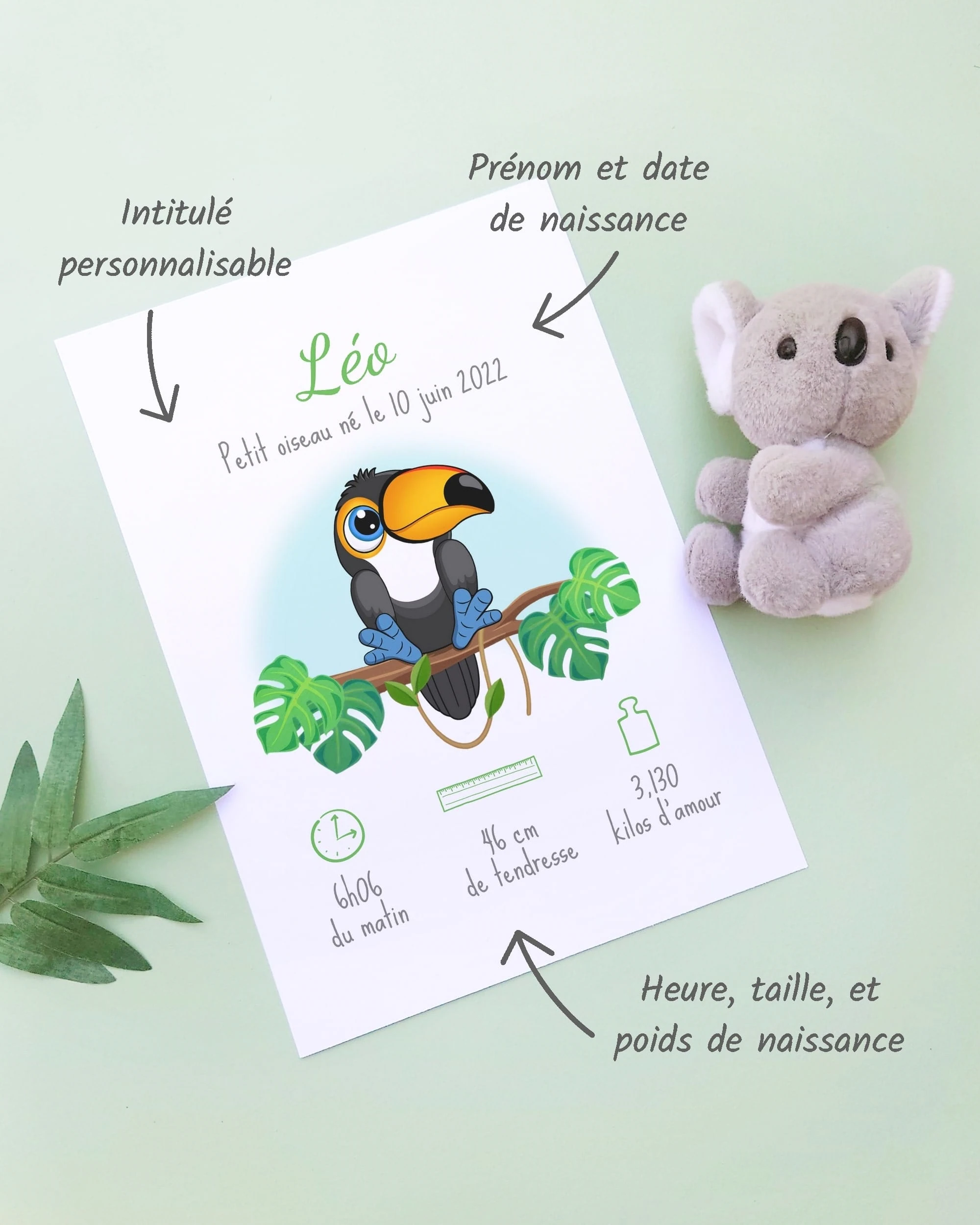 Personnalisation Affiche de naissance Petit toucan – Cadeau bébé – Fille et garçon Un cadre de naissance pour bébé à personnaliser avec un toucan dans la jungle