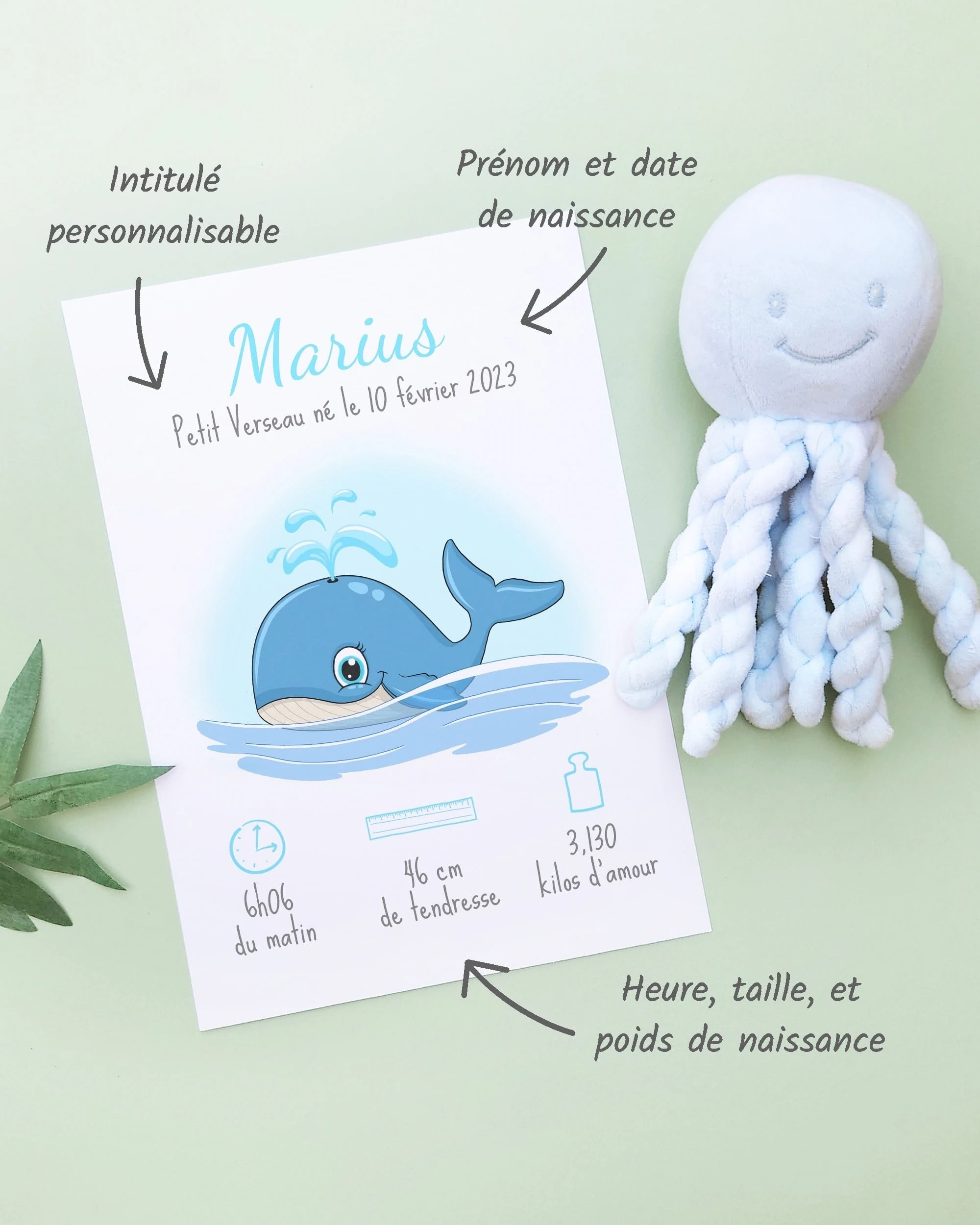 Personnalisation Affiche de naissance Petite baleine bleue – Cadeau bébé – Fille et garçon Un cadre de naissance pour bébé à personnaliser avec une baleine bleue dans l'océan