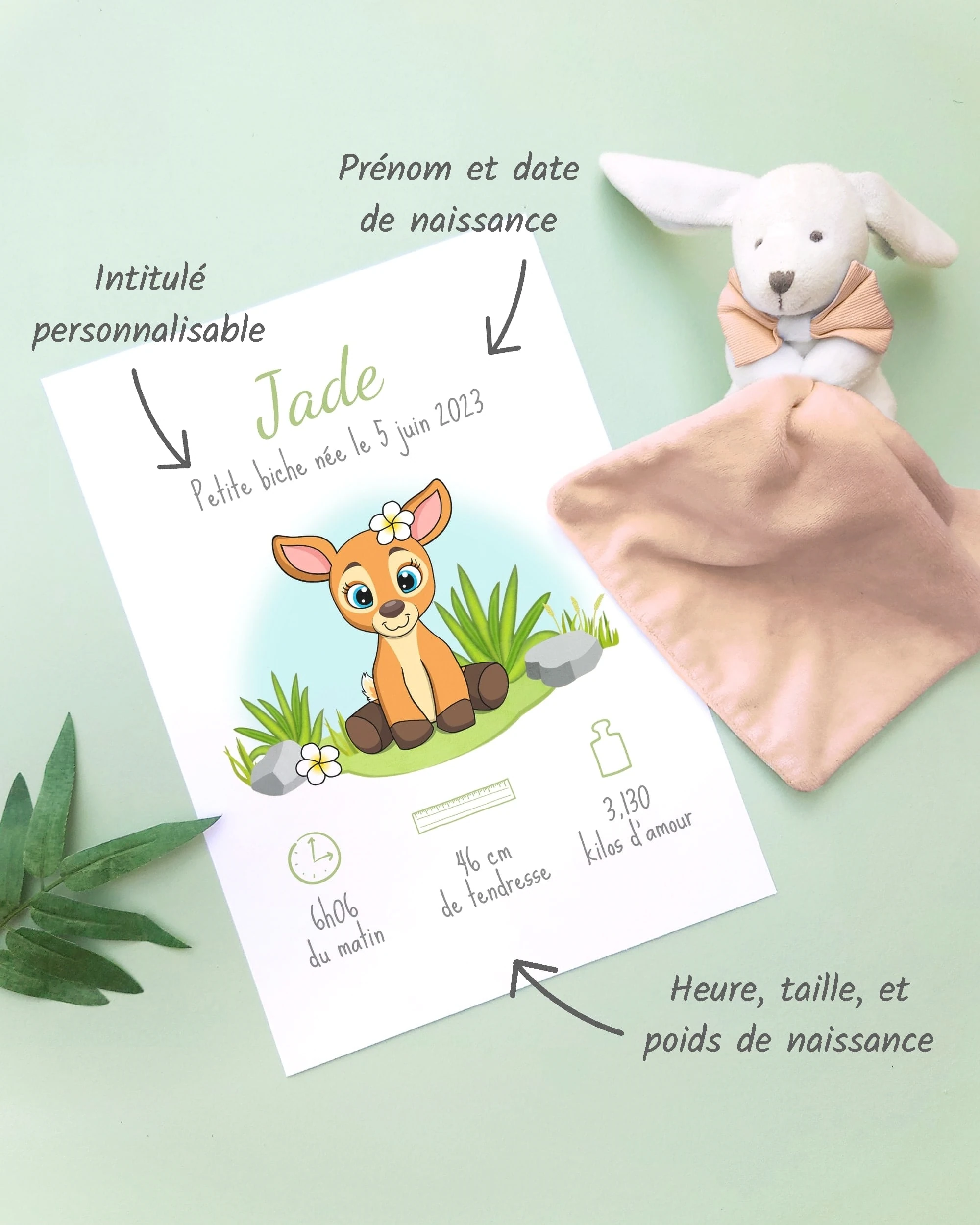Personnalisation Affiche de naissance Petite biche – Cadeau bébé – Fille et garçon Un cadre de naissance pour bébé à personnaliser avec une biche dans la forêt