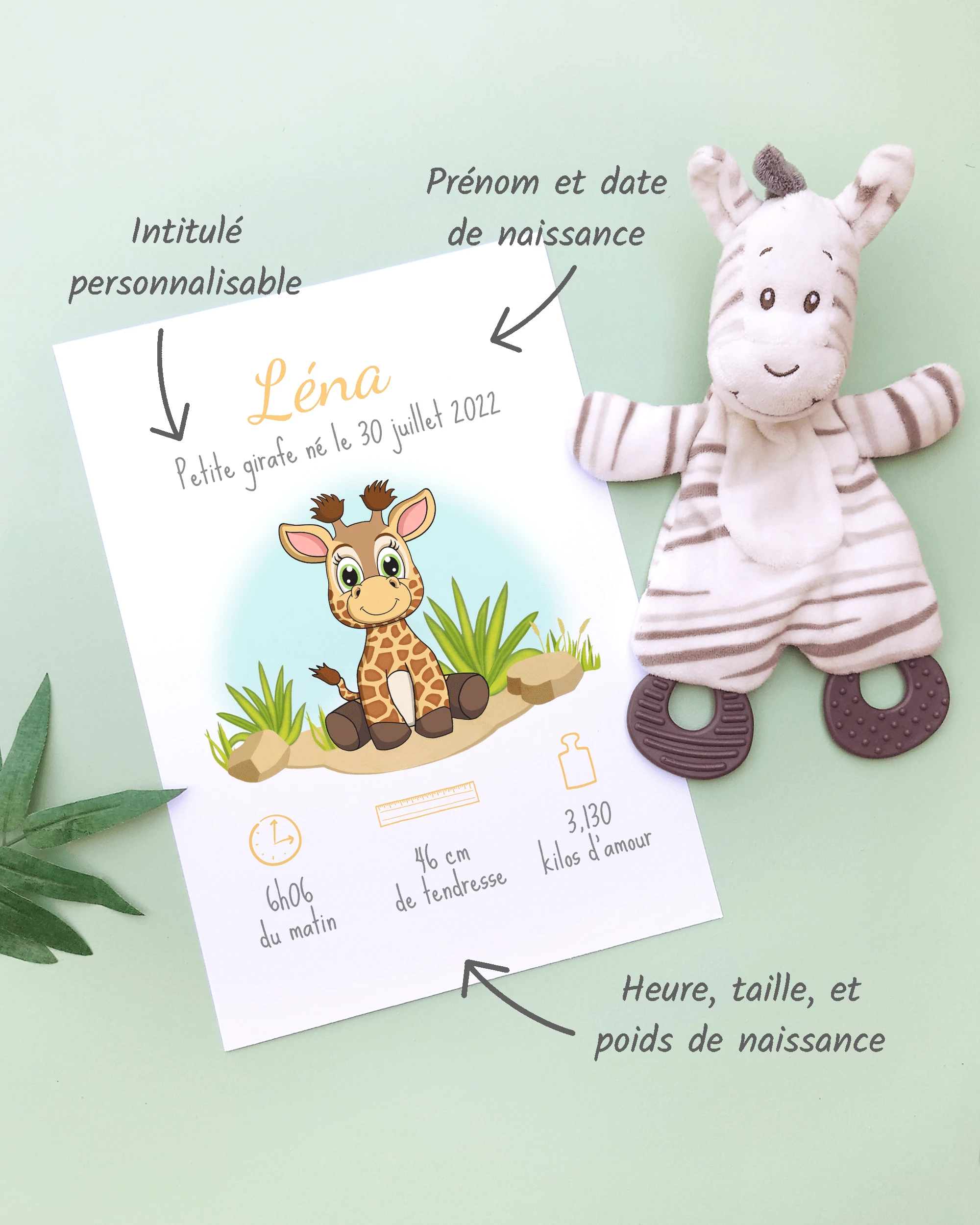 Personnalisation Affiche de naissance Petite girafe – Cadeau bébé – Fille et garçon Un cadre de naissance pour bébé à personnaliser avec une girafe dans la savane