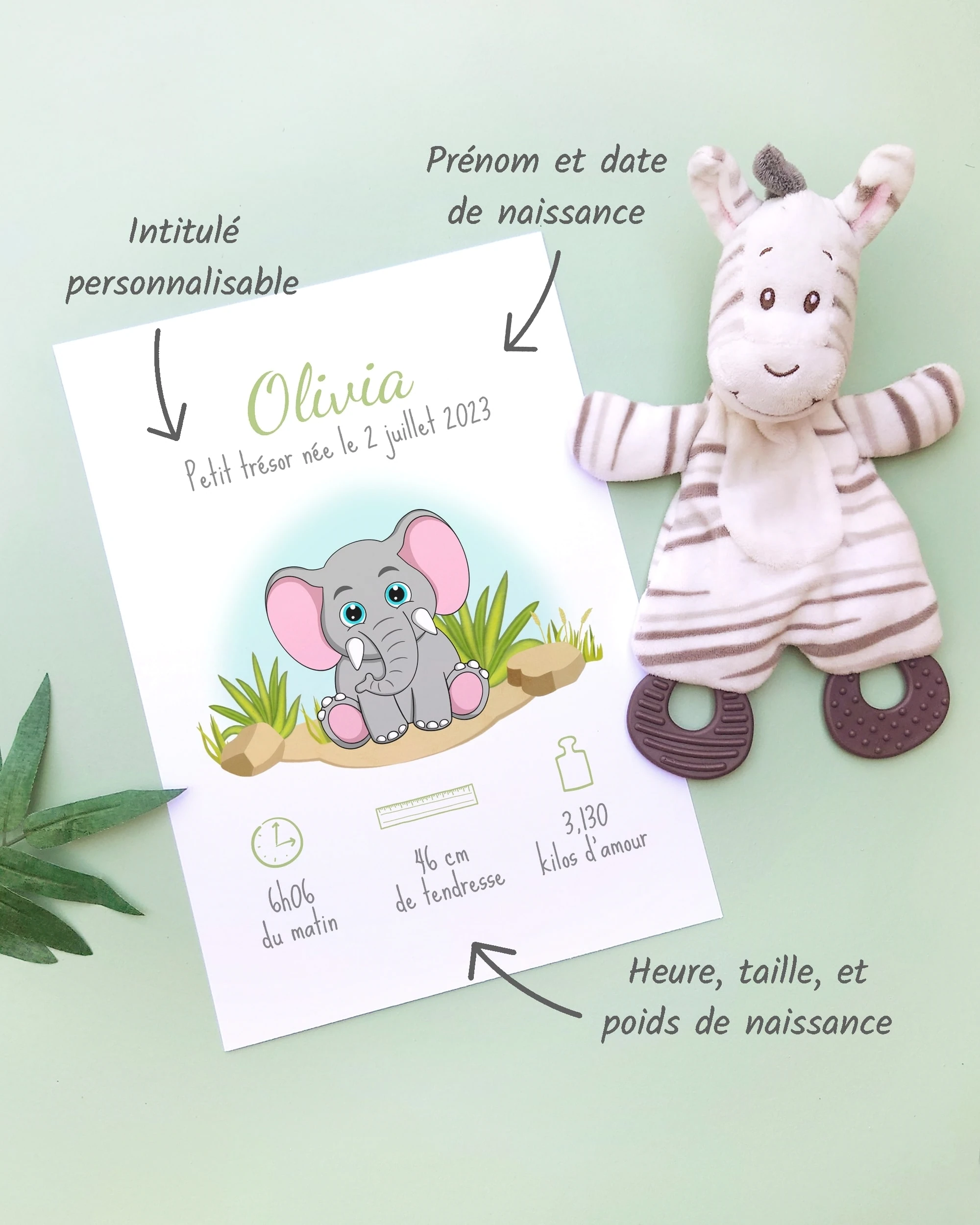 Personnalisation Affiche de naissance Petit éléphant – Cadeau bébé – Fille et garçon Un cadre de naissance pour bébé à personnaliser avec un éléphant dans la savane