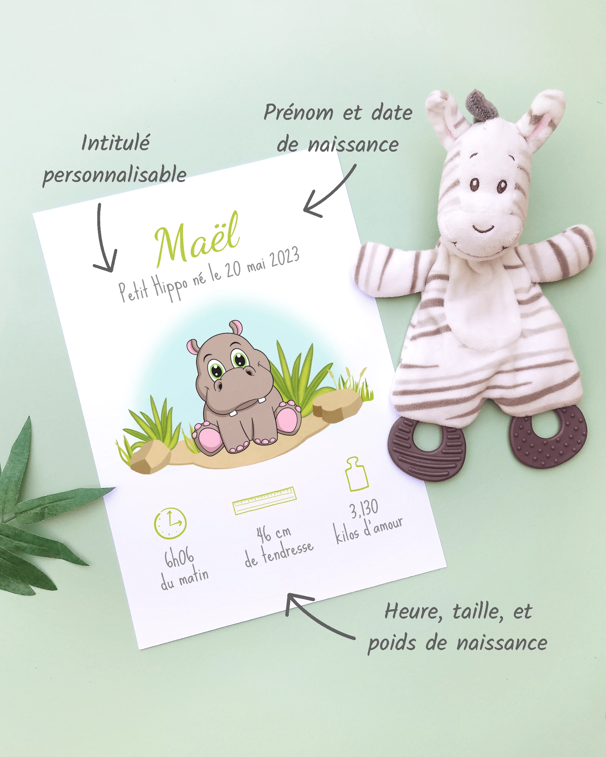 Personnalisation Affiche de naissance Petit hippopotame – Cadeau bébé – Fille et garçon Un cadre de naissance pour bébé à personnaliser avec un hippopotame dans la savane