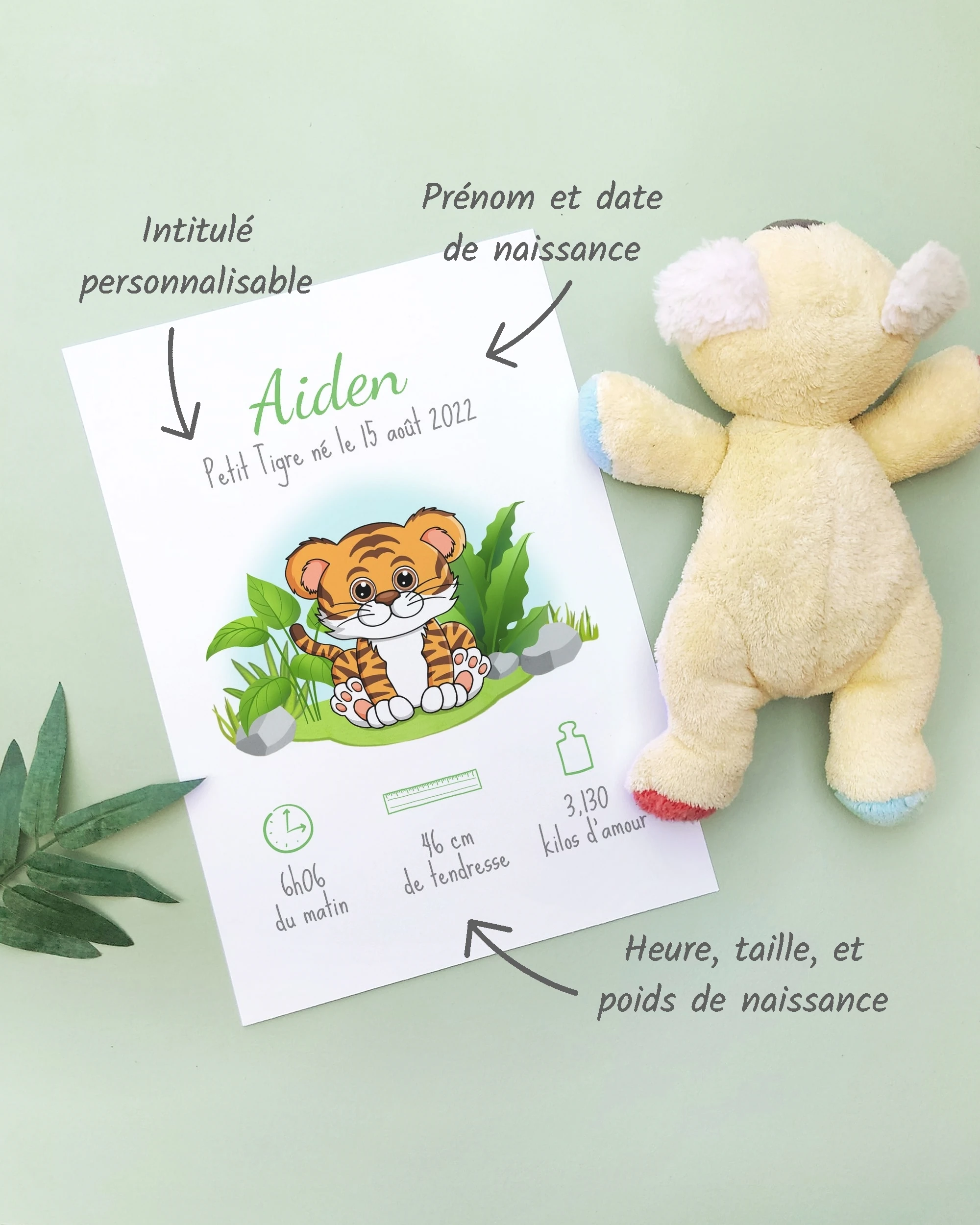 Personnalisation Affiche de naissance Petit tigre – Cadeau bébé – Fille et garçon Un cadre de naissance pour bébé à personnaliser avec un tigre dans la jungle