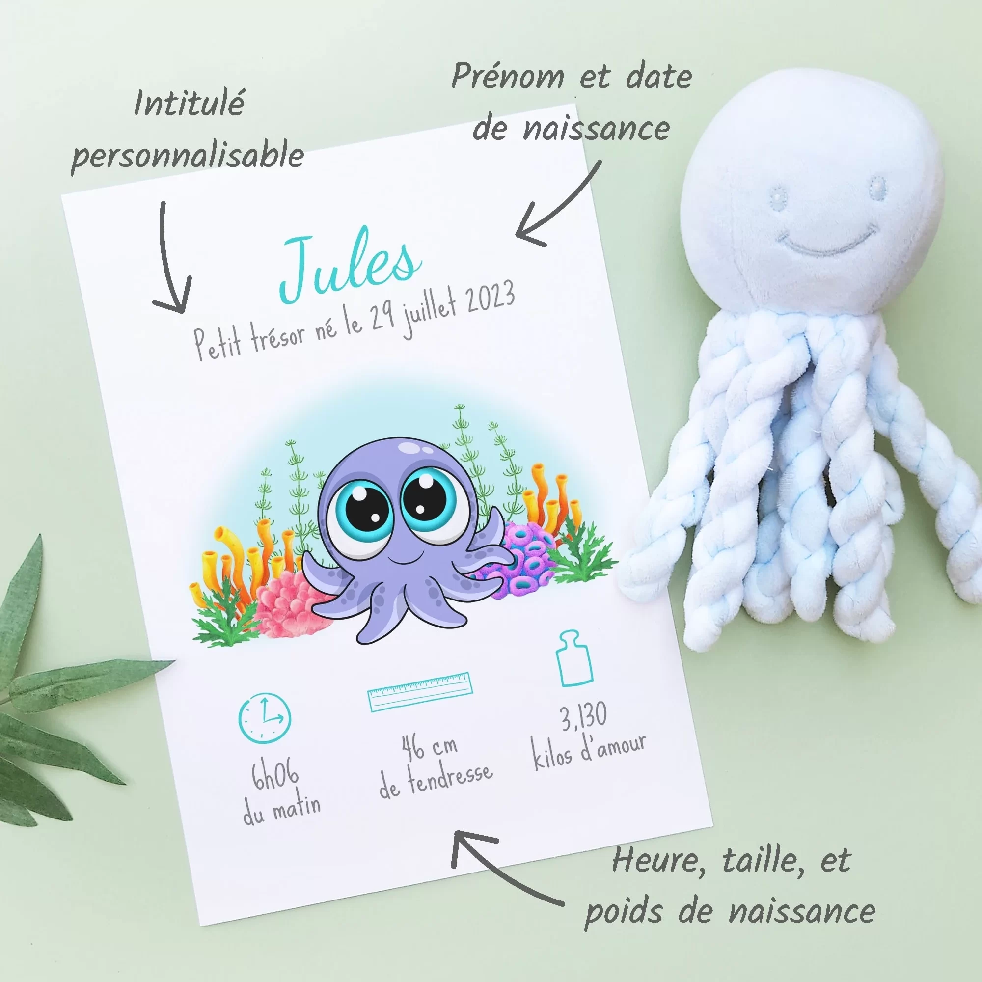 Personnalisation Affiche de naissance Petite pieuvre – Cadeau bébé – Fille et garçon Un cadre de naissance pour bébé à personnaliser avec une pieuvre dans l'océan